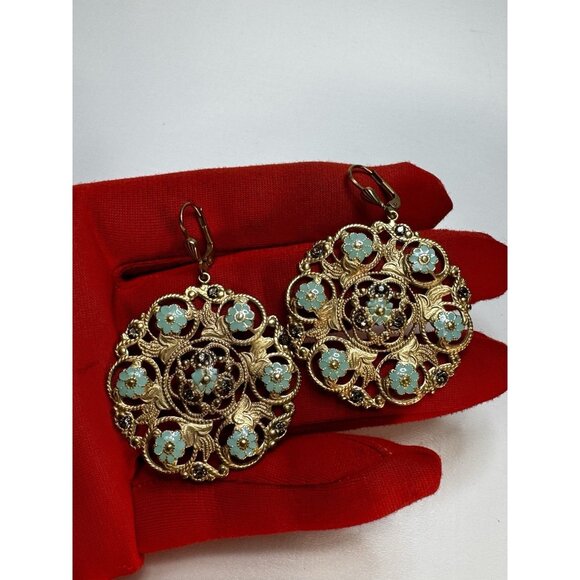 Vintage Gold Filigree Drop Earrings Turquoise Enamel Floral Boho Statement - Picture 8 of 8